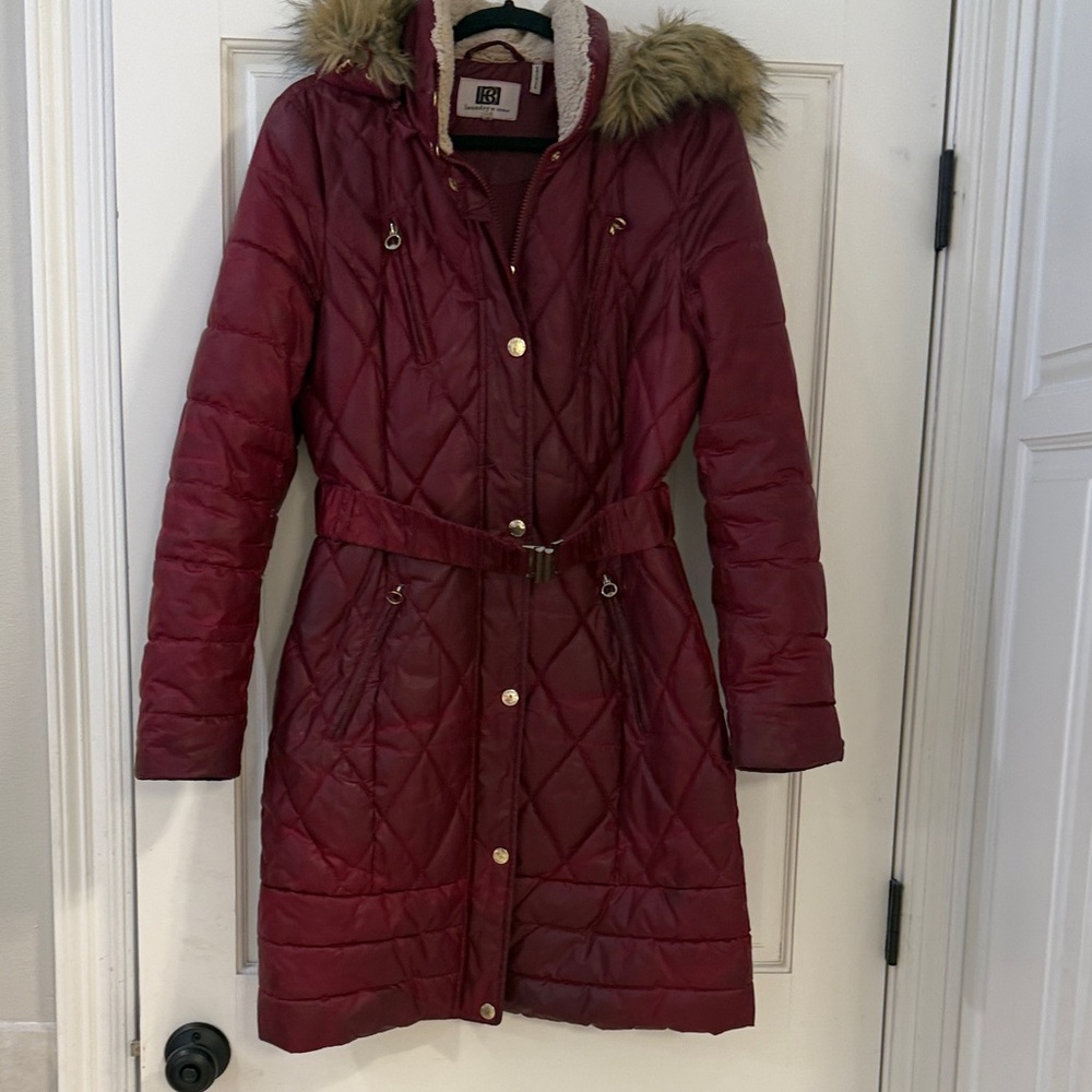 Laundry by Design Burgundy Puffer Coat with Faux Fur Trim